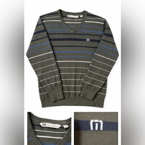 Travis Mathew Men’s V-Neck Sweater XL Olive Blue Stripe Golf Pullover
